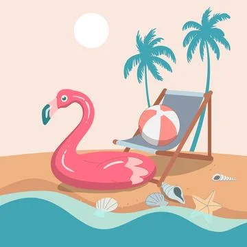 Hello summer beach background, pink inflatable flamingo, sea shell, ball, c.. Stock Illustration