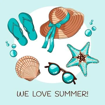 Hello summer with beach essentials Stock Illustration