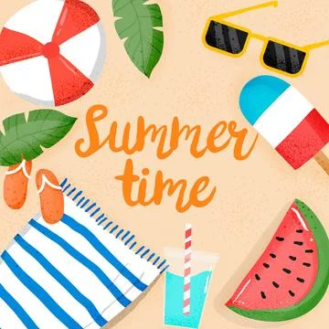 Hello summer with beach essentials Stock Illustration