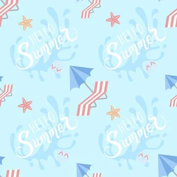 Hello summer with beach objects seamless pattern Stock Illustration