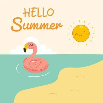 Hello summer beach scene with sun and pink flamingo float Illustrazione stock