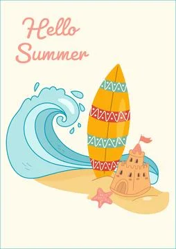Hello Summer beach scene with surfboard and sandcastle Stock Illustration
