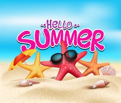 Hello Summer in Beach Seashore with Realistic Starfish with Sunglasses Stock Illustration