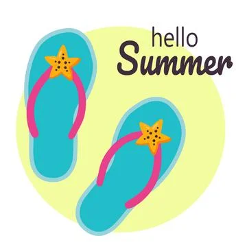 Hello summer. Beach slippers with starfish. Summer flip flops. Vector Illustrazione stock