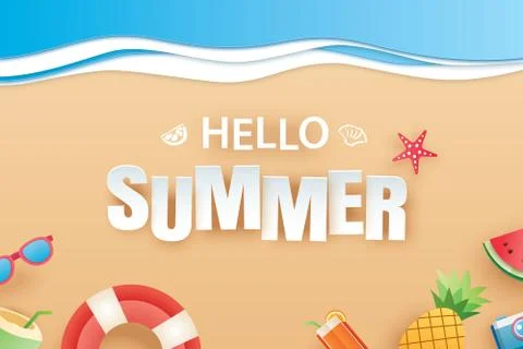 Hello summer beach top view travel and vacation background. Use for banner te Stock Illustration
