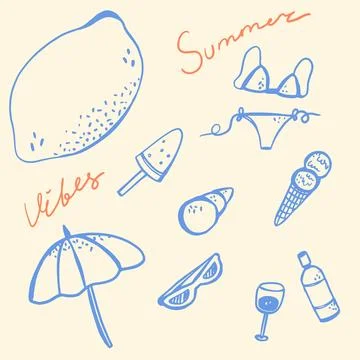 Hello summer blue linear illustration Stock Illustration
