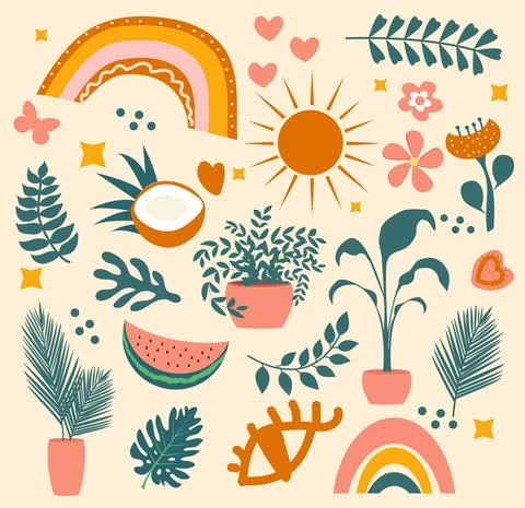 Hello summer boho abstract set of objects with tropical palm leaves and fruits Stock Illustration