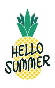 Hello summer bright poster with pineapple and hand drawn lettering Stock Illustration