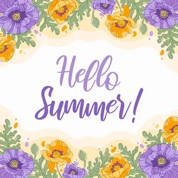 Hello summer. Bright square banner. Delicate bouquets of blooming poppies. In Stock Illustration