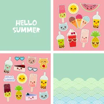 Hello Summer bright tropical card banner design, fashion patches badges stick イラスト素材
