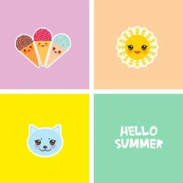 Hello Summer bright tropical card design, fashion patches badges stickers. Ap イラスト素材