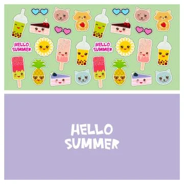 Hello Summer bright tropical card design, fashion patches badges stickers. Ap イラスト素材
