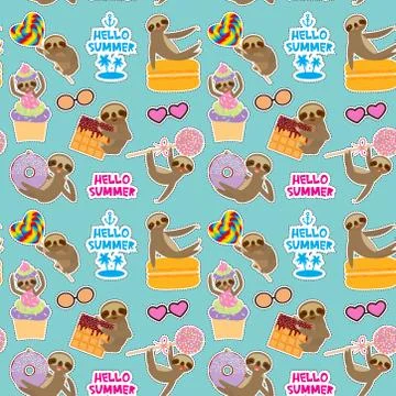 Hello Summer bright tropical seamless pattern, fashion patches badges sticker Stock Illustration