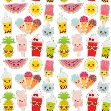 Hello Summer bright tropical seamless pattern, fashion patches badges sticker Stockillustratie