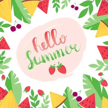 Hello Summer card with decorative frame with watermelon. pineapple, berries.. Stock Illustration