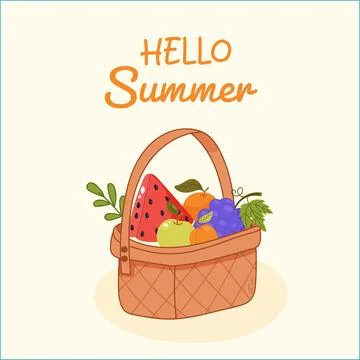 Hello Summer card with fruit basket and seasonal vibe Stock Illustration