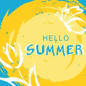 Hello summer card with hand draw elements as flower and butterfly on yellow a Illustrazione stock