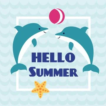 Hello Summer card with playing dolphins Illustrazione stock