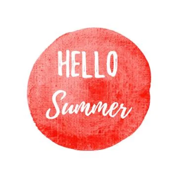 Hello Summer card, poster, logo, written on watercolor red background illustr Stock Illustration