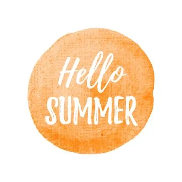 Hello Summer card, poster, logo, written on watercolor orange background illu Stock Illustration