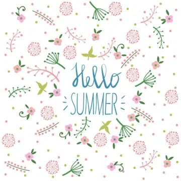 Hello Summer card template or poster.Nature flower set design illustration plant Stock Illustration