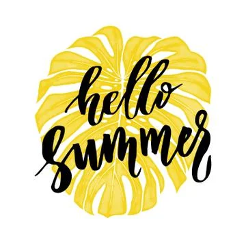Hello Summer card with tropical leaf seamless pattern. Illustrazione stock