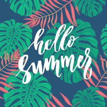 Hello Summer card with tropical leaf seamless pattern. Stock Illustration