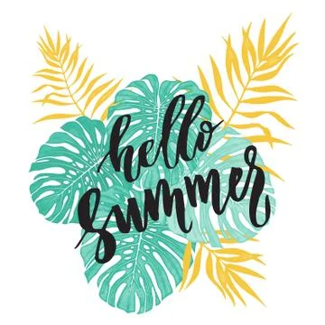 Hello Summer card with tropical leaf seamless pattern. Stock Illustration