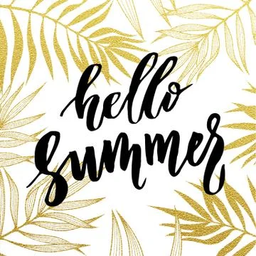 Hello Summer card with tropical leaf seamless golden pattern. Stock Illustration