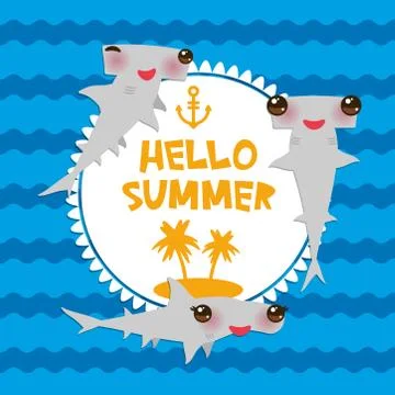 Hello Summer Cartoon gray Smooth hammerhead Winghead shark Kawaii with pink c Stock Illustration