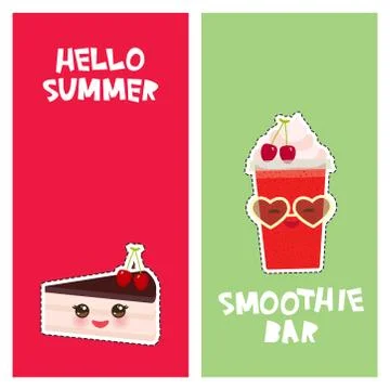 Hello Summer cherry Take-out smoothie cute kawaii piece of cake, decorated wi Stock Illustration
