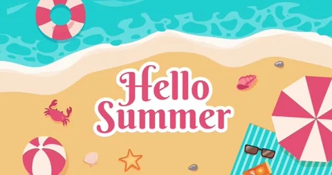 Hello summer coastline. Moving banner with sea waves, sandy beach, inflatable Stock Footage 329945897