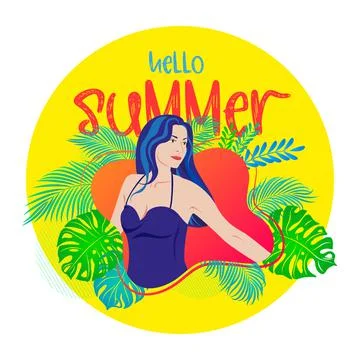 Hello summer. A collage of summer elements, a girl in an abstract spot Stock Illustration