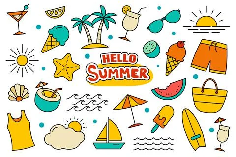Hello summer collection set design on white background. Summer  symbols and o Stock Illustration