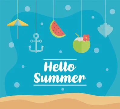 Hello Summer with colorful beach elements Stock Illustration