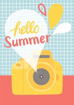 Hello summer colorful postcard, flat design vector Stock Illustration