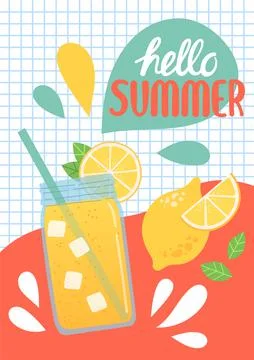 Hello summer colorful postcard, flat design vector Stock Illustration