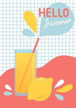 Hello summer colorful postcard, flat design vector Stock Illustration