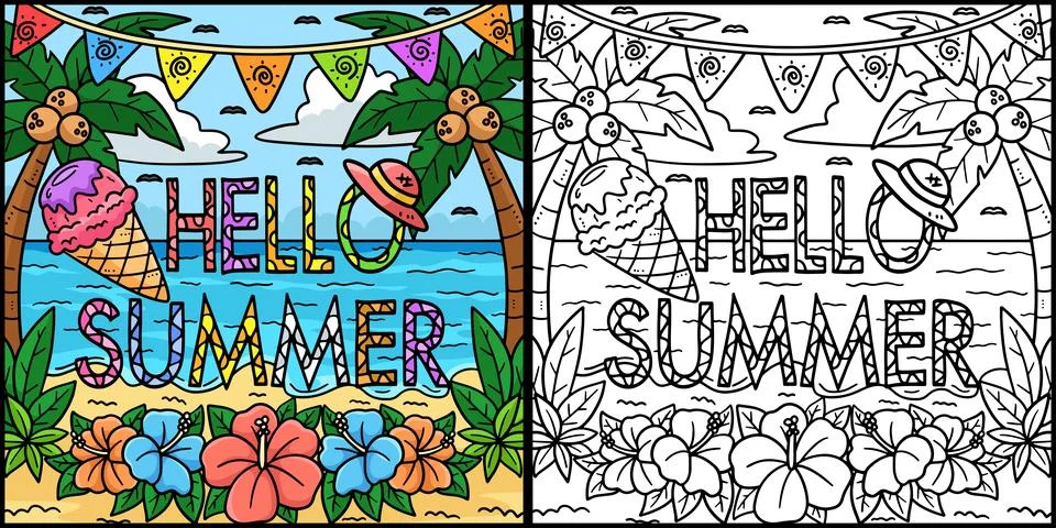 Hello Summer Coloring Page Colored Illustration Stock Illustration