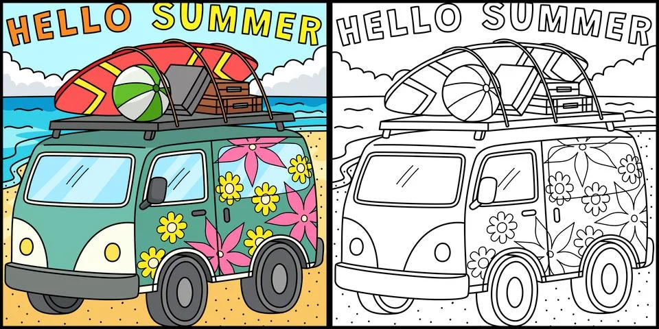 Hello Summer Coloring Page Colored Illustration Stock Illustration