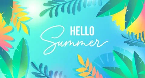 Hello summer colourful banner with tropic leaves Stock Illustration