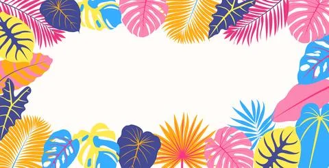 Hello Summer concept design. Frame with jungle exotic leaves. Colorful summ.. Stock Illustration