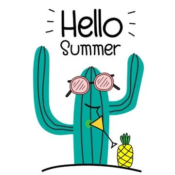 Hello Summer Concept With Fun Cactus And Pineapple. Stock Illustration