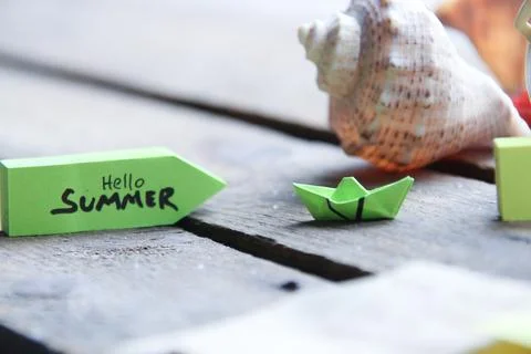 Hello summer creative concept. Vacation Message Sign Concept. Stock Photos