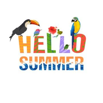 Hello summer. Creative letters. Tropical birds and leaves. Stock Illustration