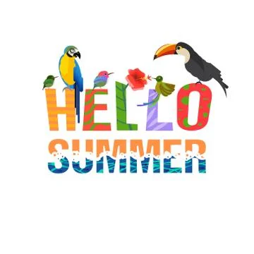 Hello summer. Creative letters. Tropical birds and leaves. Stock Illustration