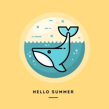 Hello summer, cute whale, flat design thin line banner. Stock Illustration