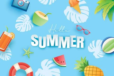 Hello summer with decoration on blue background. Paper art and craft style. Stock Illustration