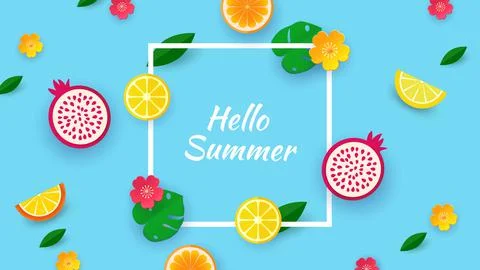 Hello summer. Design with fruit cut paper shapes and tropical leaves. Template Stock Illustration