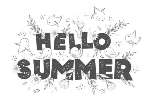 Hello summer doodle text banner with hand drawn lettering, flowers, leaves an Stock Illustration